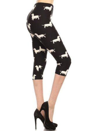 Dog Print, High Waisted Capri Leggings In A Fitted Style With An Elastic Waist