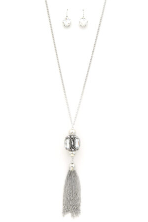 Cube Rhinestone Chain Tassel Necklace