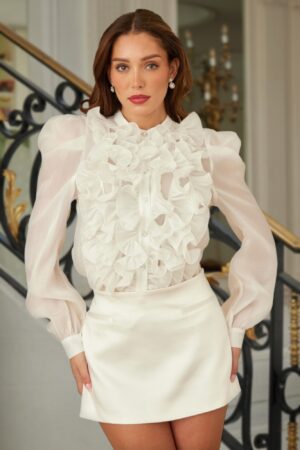 Ruffle Micro Crystal Long Sleeve Blouse