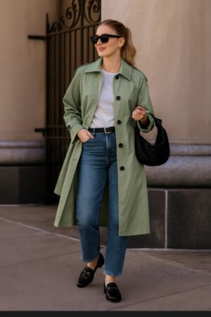 Solid Long Sleeve Trench Coat Woman Lined