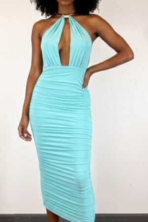 Strapless Necklace Detail Open Back Midi Dress