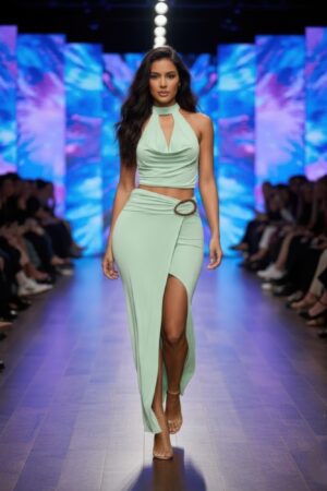 Halter Cowl Neck Scarf Top Oval Ring Skirt Set