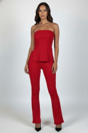 Ribbed Slit Tube Top and High-waist Flare Pants Set