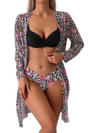 Leopard Print Bikini Kimono Three Pieces Swimsuit