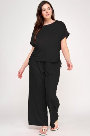 Plus Size Knit Linen Pleated Wide Leg Pants