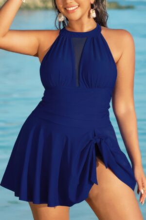 Plus Size Halter Ruched Sleeveless Swim Dress